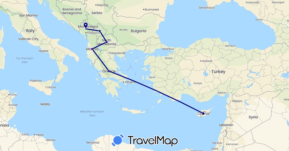TravelMap itinerary: driving in Albania, Cyprus, Greece, Montenegro, Macedonia, Kosovo (Asia, Europe)